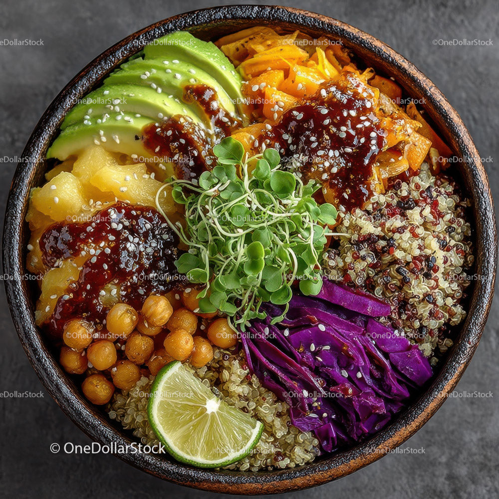 Colorful Vegan Poke Bowl with Quinoa Avocado and Vegetables