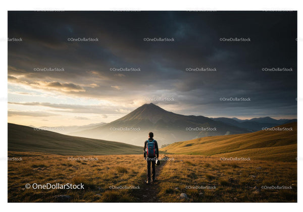 Scenic Mountain Landscape with Hiker Trekking Under Dramatic Stormy Sky