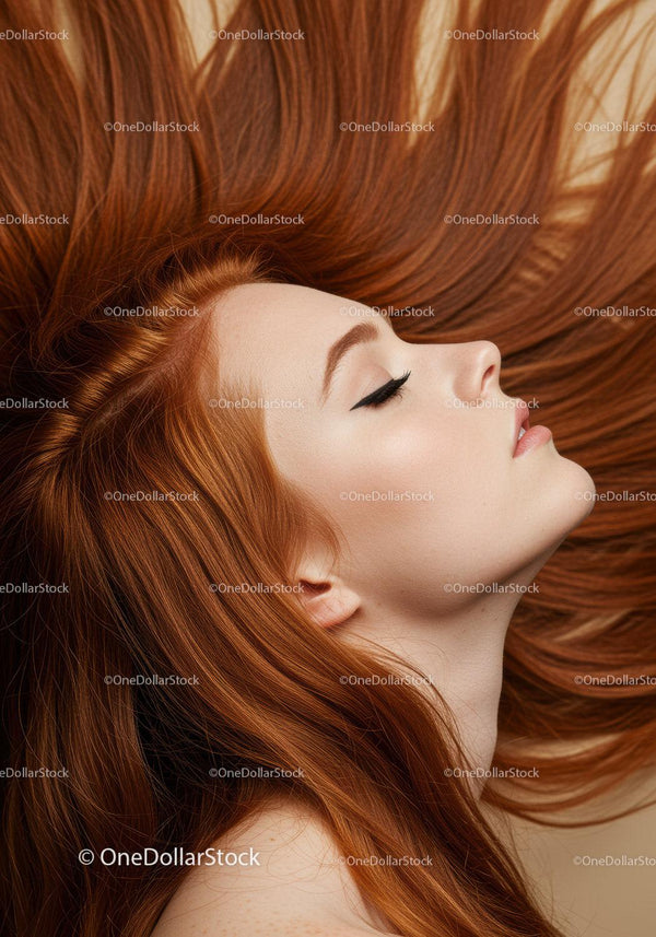 Calm redhead woman with flowing hair in profile