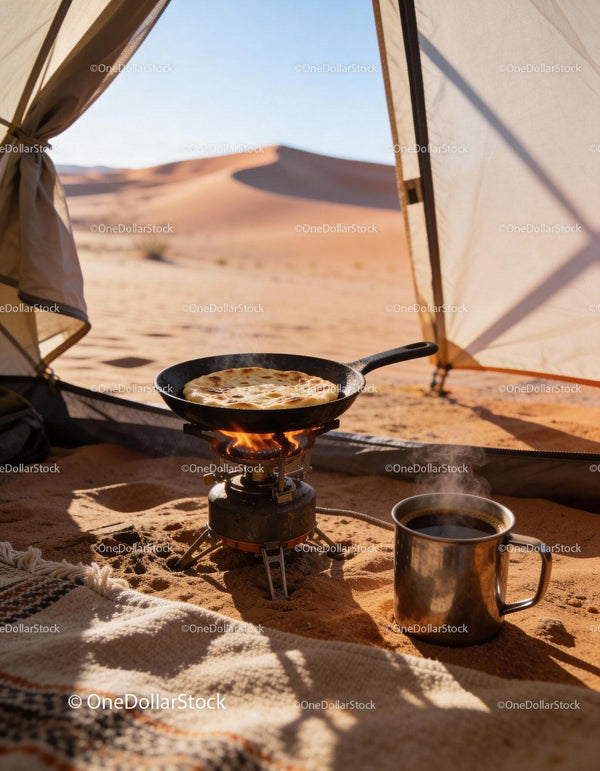 Morning Flatbread Cooking on Portable Stove in Desert Tent