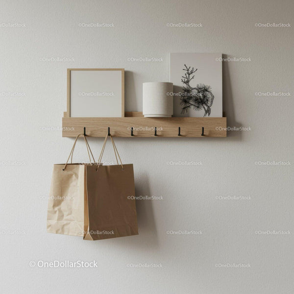 Modern Wall Shelf with Paper Bags and Botanical Art in Neutral Tones