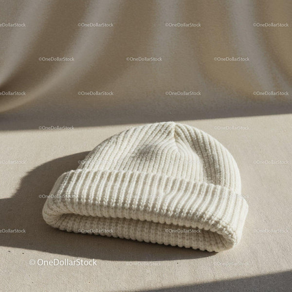 Cozy white knitted beanie hat on neutral surface JPG Mockup Image