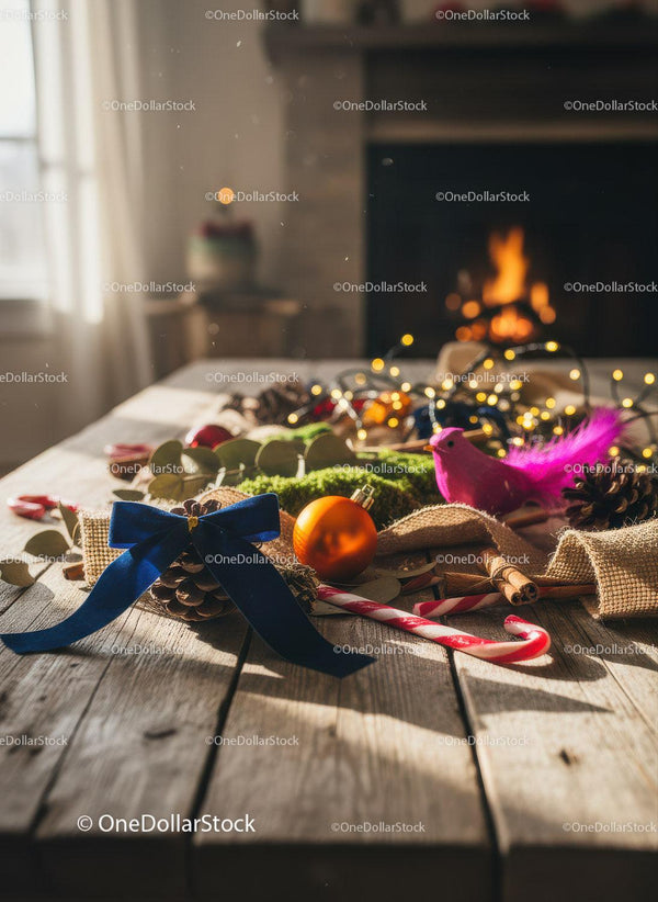 Cozy rustic table with Christmas decorations and fireplace