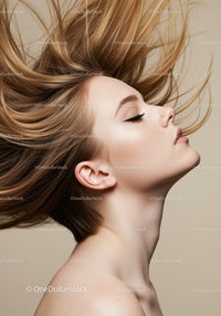 Profile of peaceful woman with flowing hair against beige background