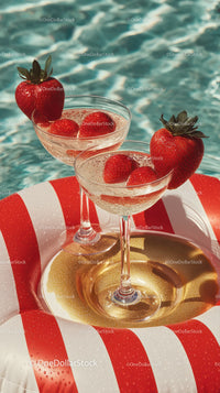 Strawberry Cocktails on Pool Float with Water in the Background