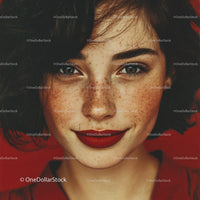Close-up Portrait of Smiling Woman with Freckles and Red Lipstick