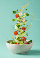 Fresh vegetable salad ingredients splashing from bowl