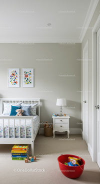 Bright Nursery Room with White Bed and Colorful Wall Art