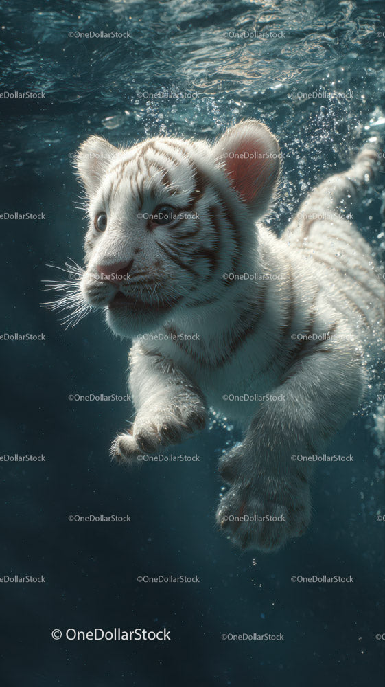 White Tiger Cub Swimming Underwater with Playful Expression