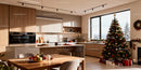 Modern kitchen with festive Christmas tree and decorations