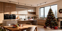 Modern kitchen with festive Christmas tree and decorations