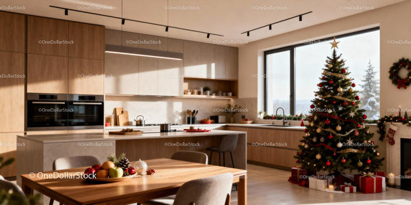 Modern kitchen with festive Christmas tree and decorations