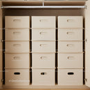 Organization and Storage of Cardboard Boxes in Wooden Closet