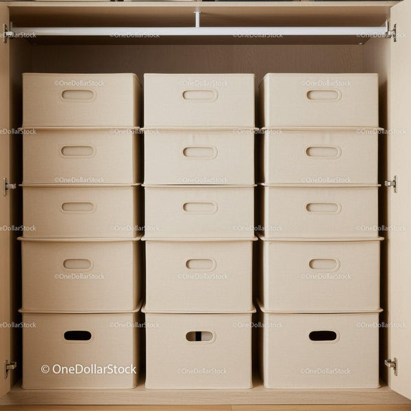 Organization and Storage of Cardboard Boxes in Wooden Closet