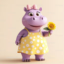 Cute Cartoon Hippo Holding Sunflower in Yellow Dress for Kids Illustration