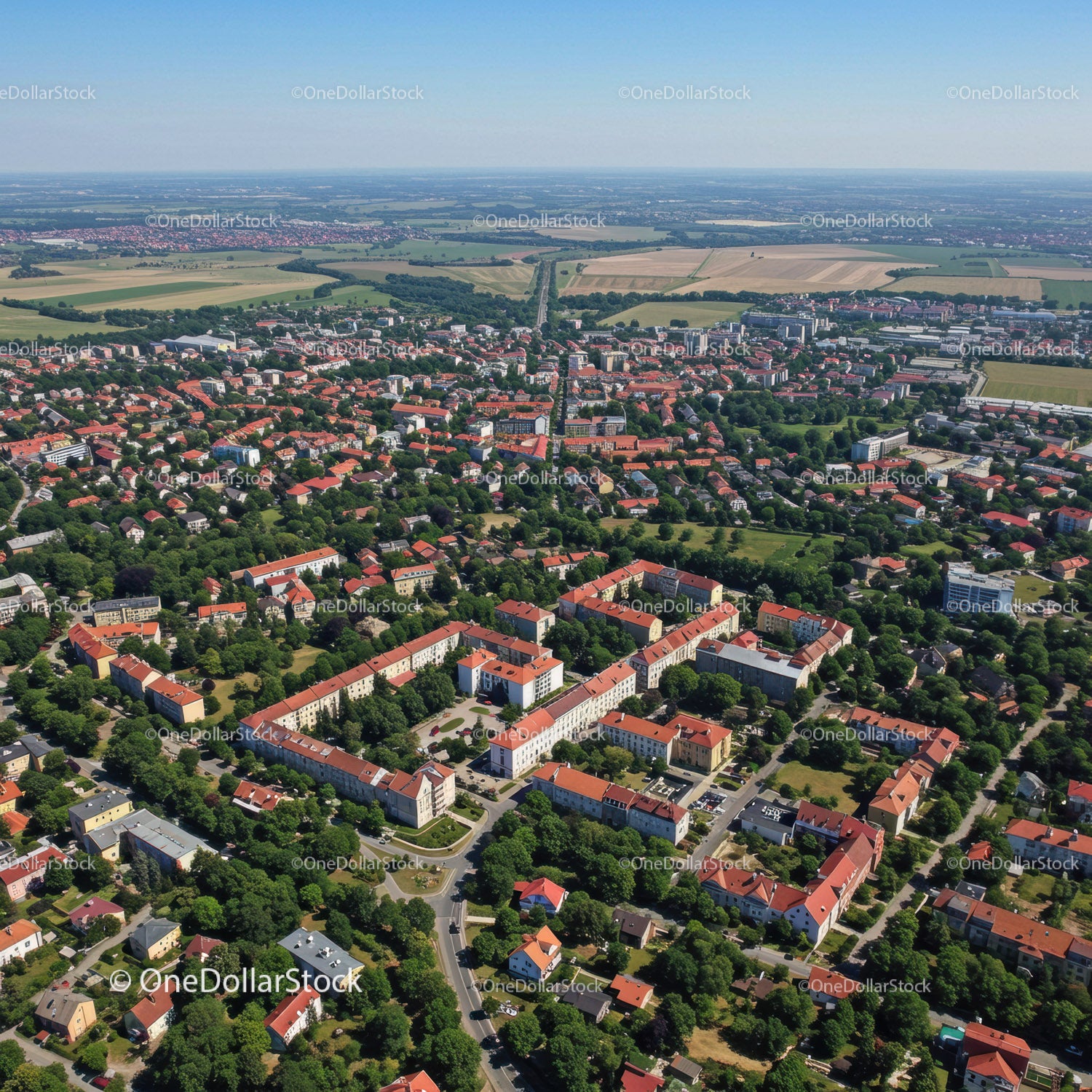 Widok z lotu ptaka na podmiejską dzielnicę z czerwonymi dachami i zielonymi parkami