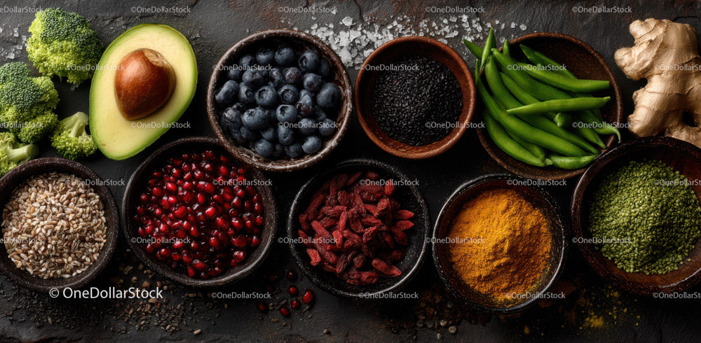 Variety of Fresh Vegetables and Superfoods in Rustic Kitchen Scene