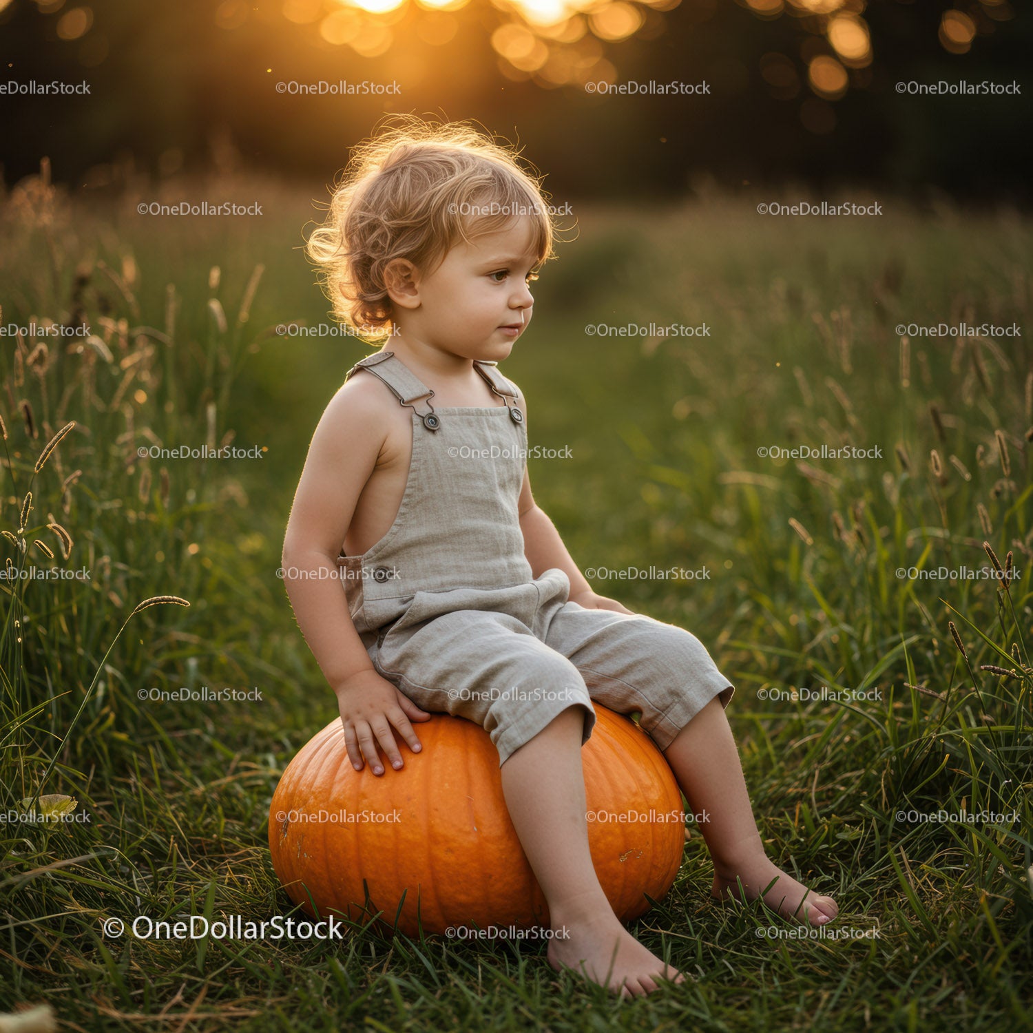 Toddler Sitting on Large Pumpkin in Autumn Field