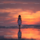 Silhouette of a Child at Sunset by the Ocean Shore