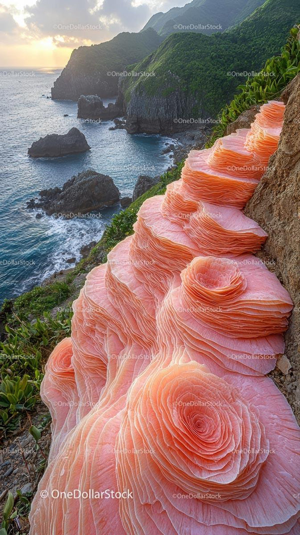 Różowe grzyby Reishi na nadmorskim klifie z zachodem słońca nad oceanem