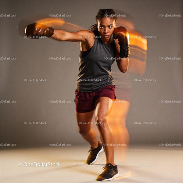 Athletic woman delivering a powerful boxing punch in motion