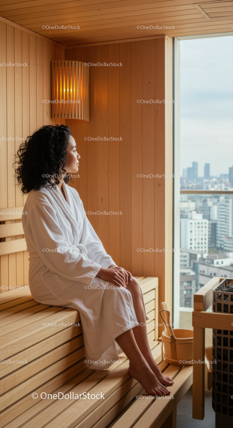 Relaxing Woman Sitting in Wooden Sauna With City View in Background