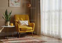 Cozy yellow armchair with indoor plant and sunlight
