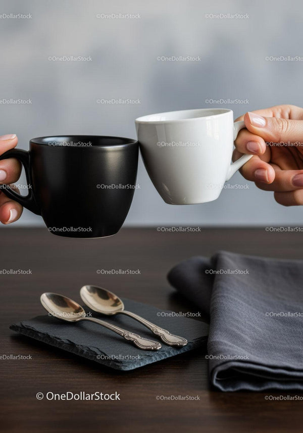 Czarno-białe ceramiczne kubki do kawy Scena wspólnego stołu ludzkości