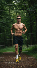 Male Runner with Prosthetic Leg Exercising on Forest Trail