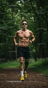 Male Runner with Prosthetic Leg Exercising on Forest Trail