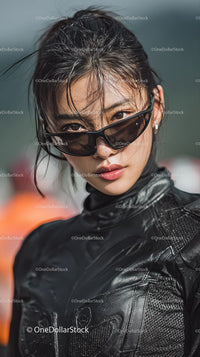 Confident Woman in Stylish Sunglasses and Leather Outfit