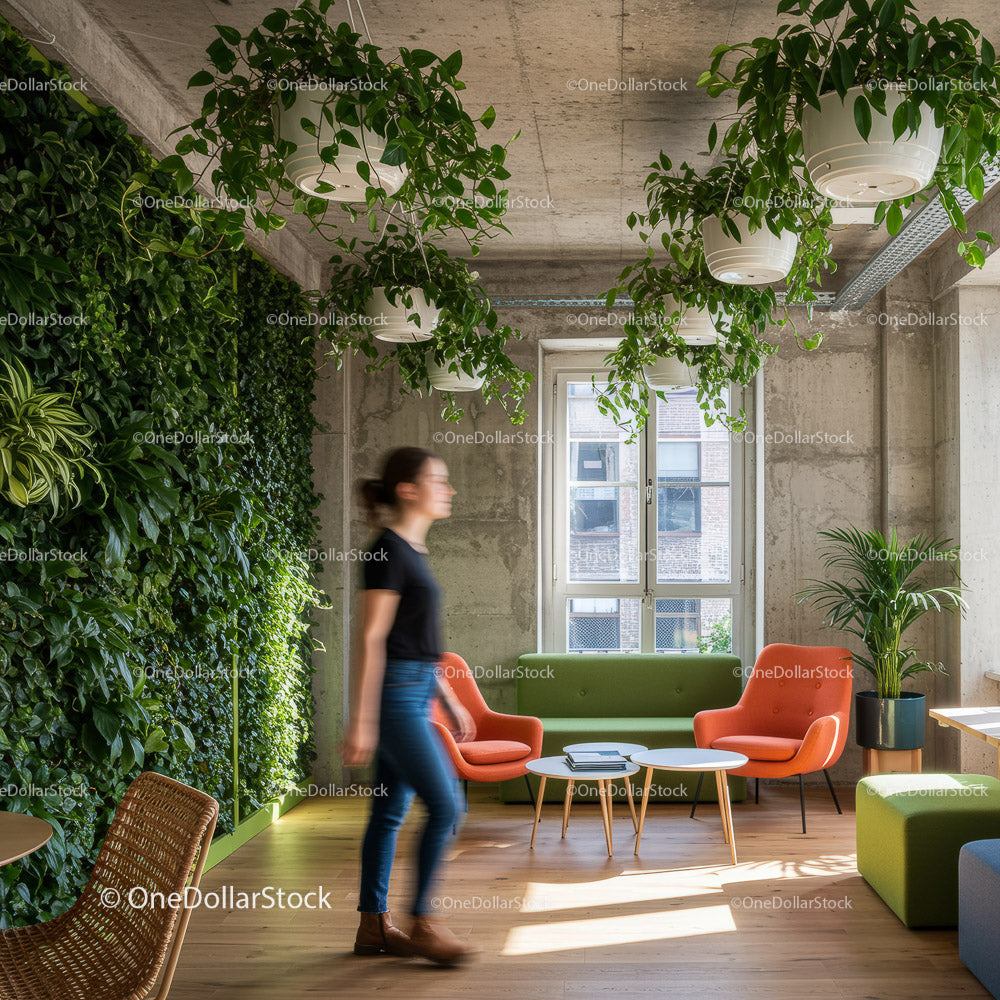 Stylish Office Space with Lush Greenery and Vibrant Lockers