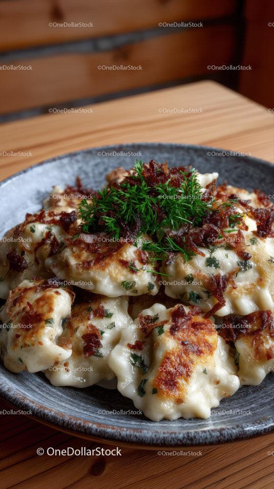 Złociste Pieczone Pierogi z Ziołami na Ciemnym Ceramicznym Talerzu