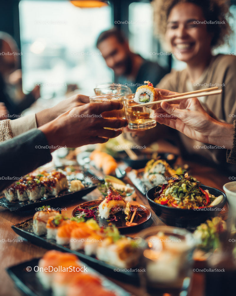Friends Sharing Sushi and Drinks in Cozy Restaurant Scene