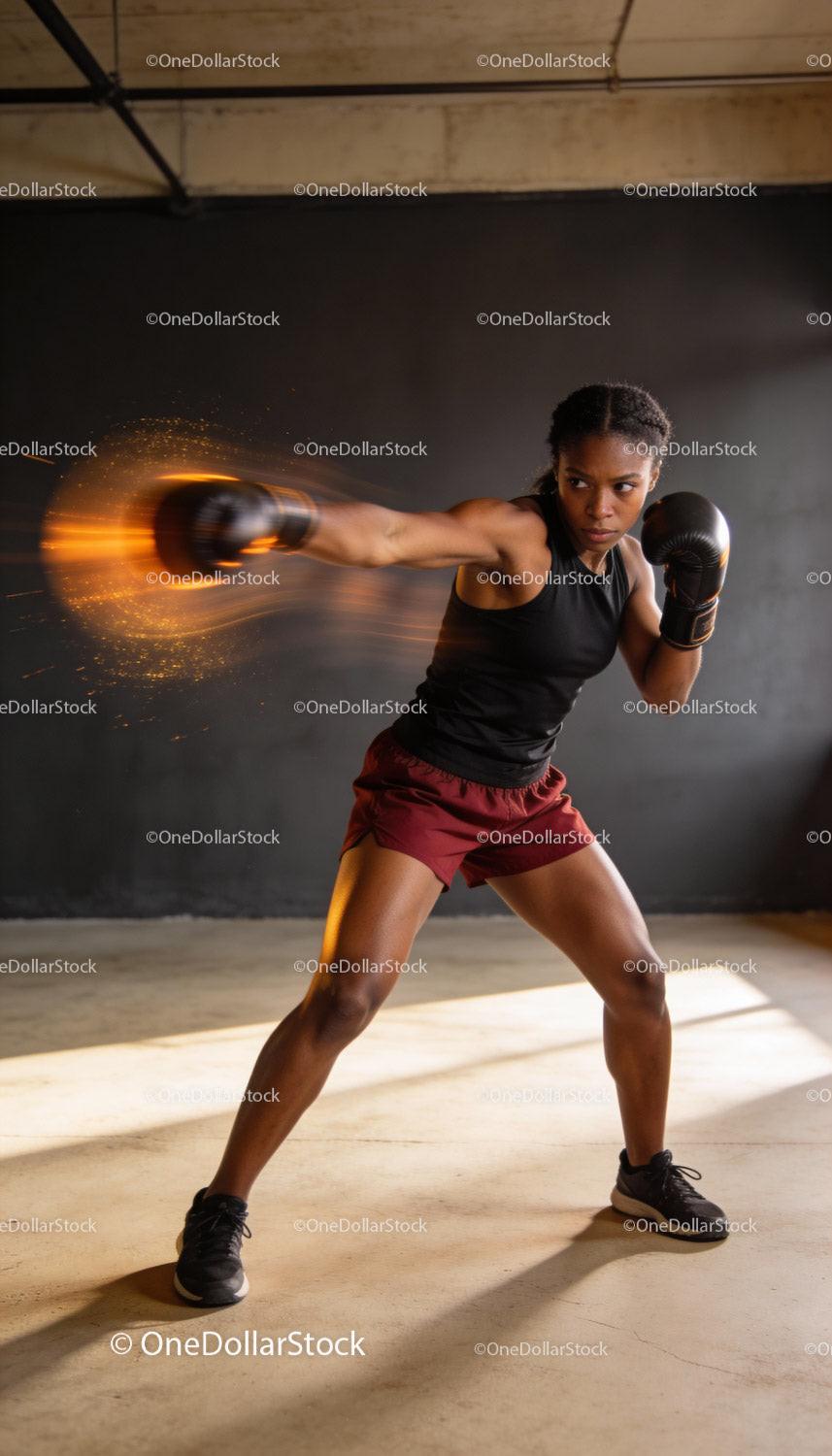 Focused young woman throwing a powerful boxing punch