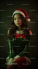 Young woman in festive Santa hat and green dress