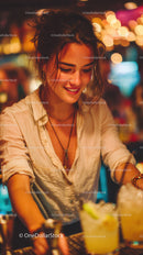 Young Woman Smiling at Night Bar With Vibrant Lights