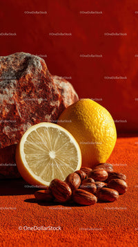 Fresh Lemon and Hazelnuts with Rustic Rock and Red Background