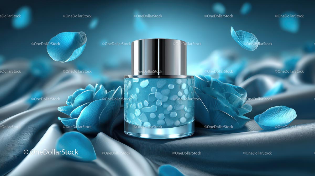 Luxury Blue Cosmetic Jar Surrounded by Elegant Floral Accents