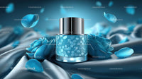Luxury Blue Cosmetic Jar Surrounded by Elegant Floral Accents