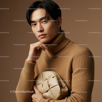 Male Model in Stylish Beige Turtleneck with Modern Background