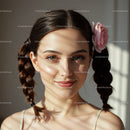 Portrait of Young Woman with Bright Eyes and Romantic Pink Flower