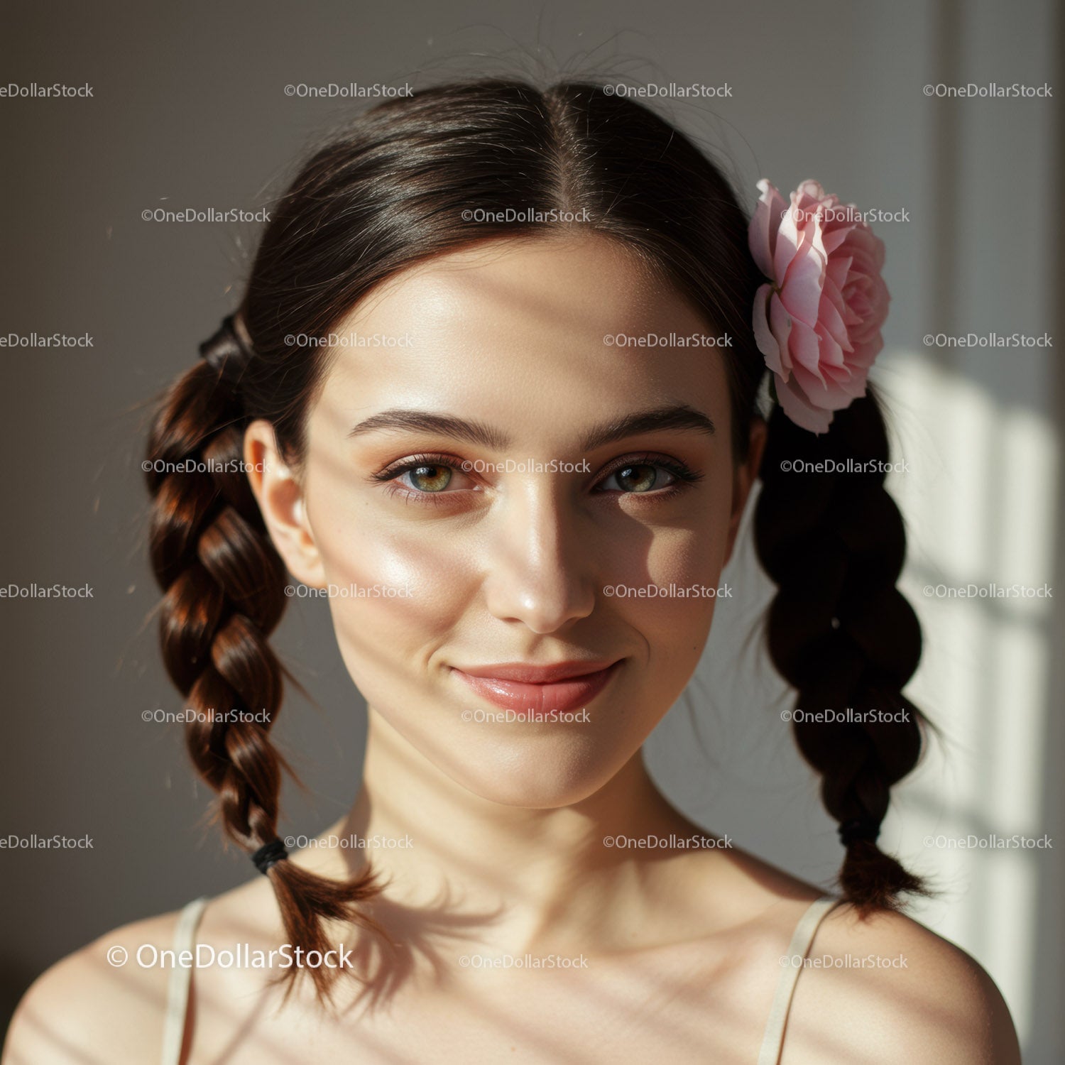 Portret młodej kobiety z jasnymi oczami i romantycznym różowym kwiatem