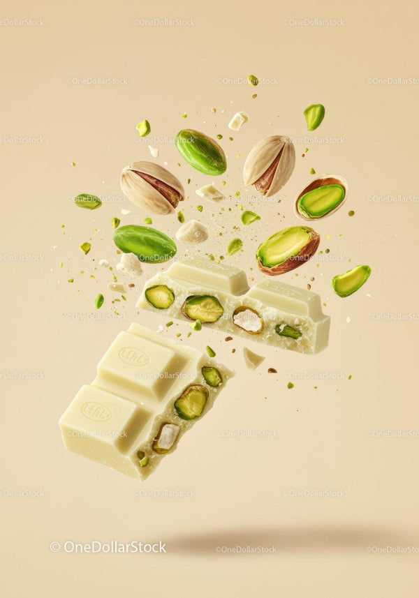 White chocolate bar with scattered pistachio nuts