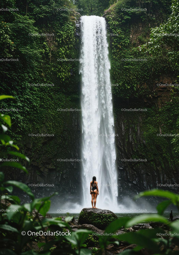 Woman in swimsuit standing beneath a towering waterfall in lush jungle