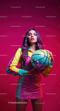 Colorful Fashion Portrait of a Woman with Purple Hair Holding a Basketball