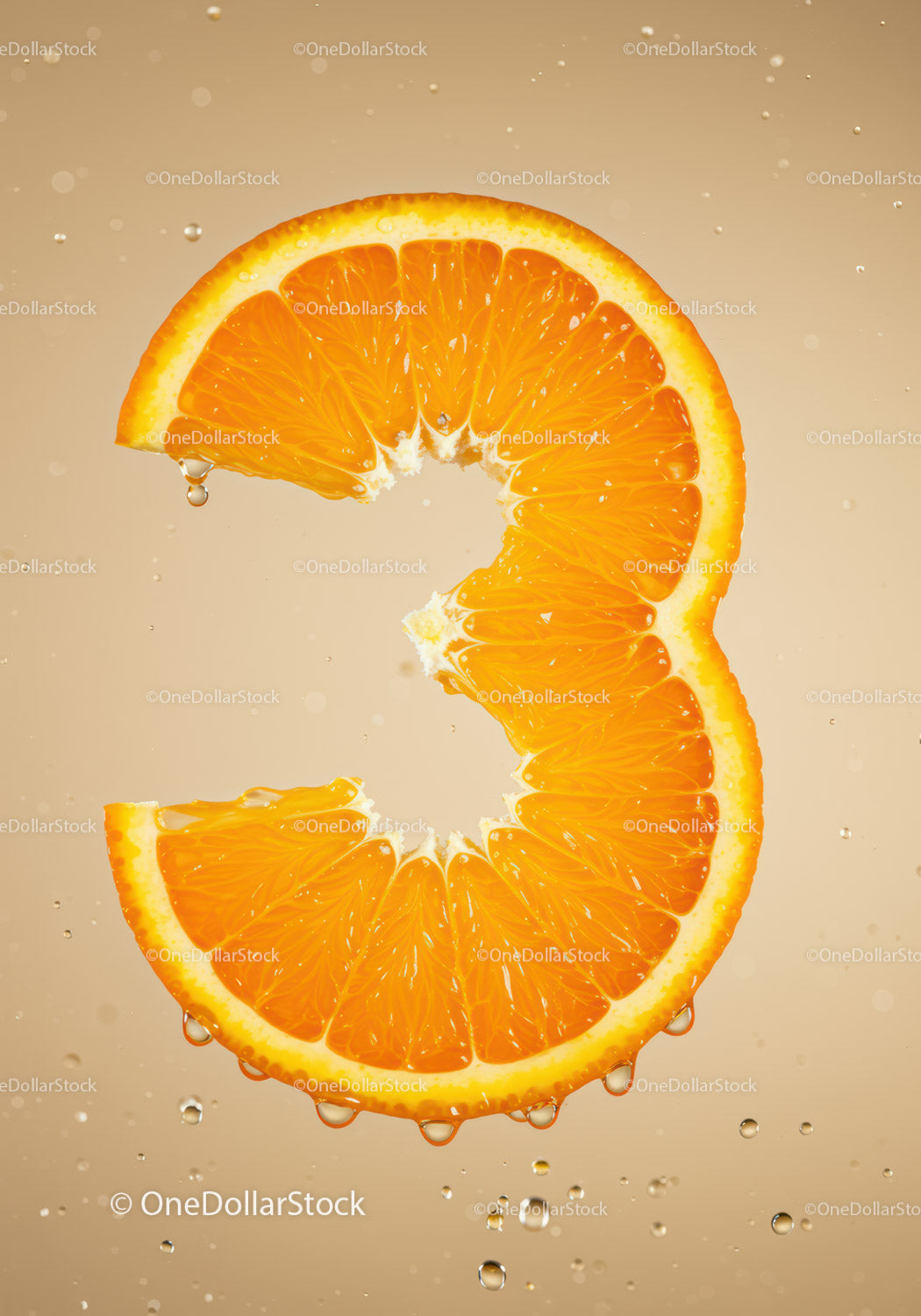 Fresh orange slice shaped like number three with water droplets