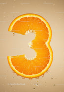 Fresh orange slice shaped like number three with water droplets