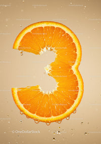 Fresh orange slice shaped like number three with water droplets
