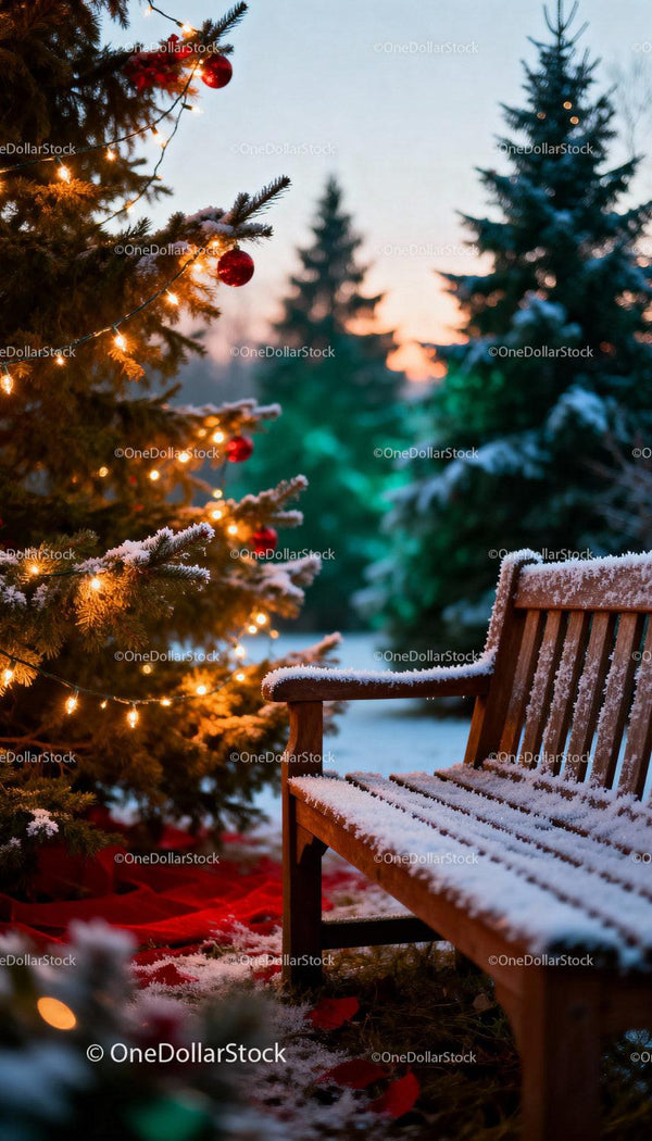 Snowy wooden bench by festively decorated Christmas tree